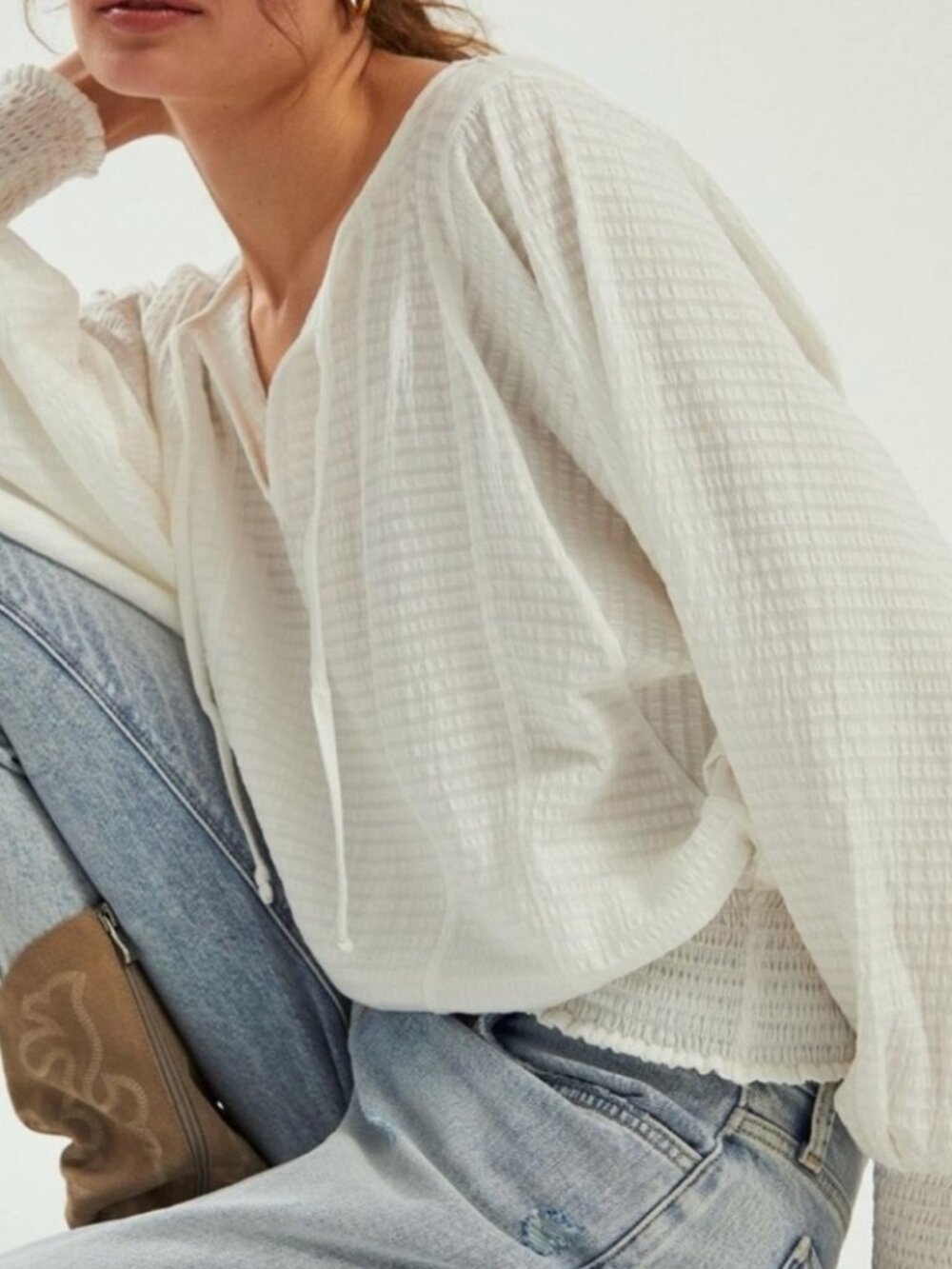 Anthropologie Rebecca Smocked Balloon Sleeve Top Size Small White Western